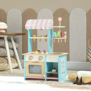 Children's wooden ice cream shop with pretend food and oven, ages 3 and up.
