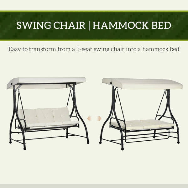 Convertible swing chair with canopy and cushions, 3-seater, cream white