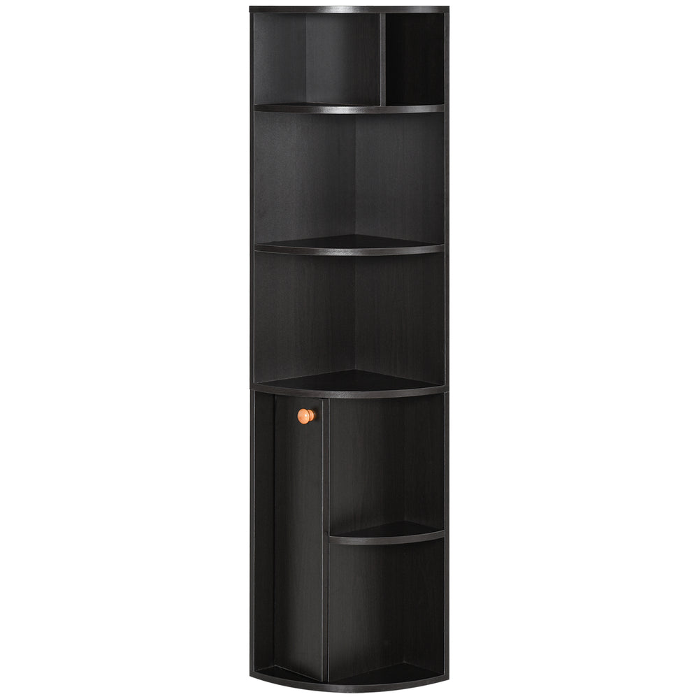 5-Tier Corner Bookcase with Open Compartments and Cabinet, Black