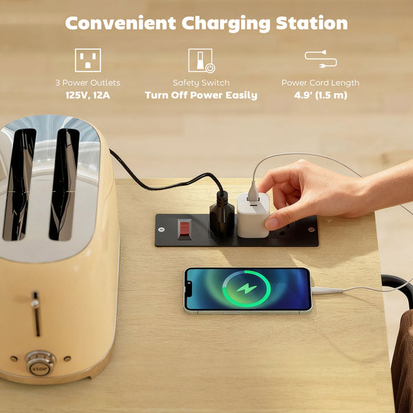 Kitchen trolley with charging station and wheeled lid with waste compartment, black