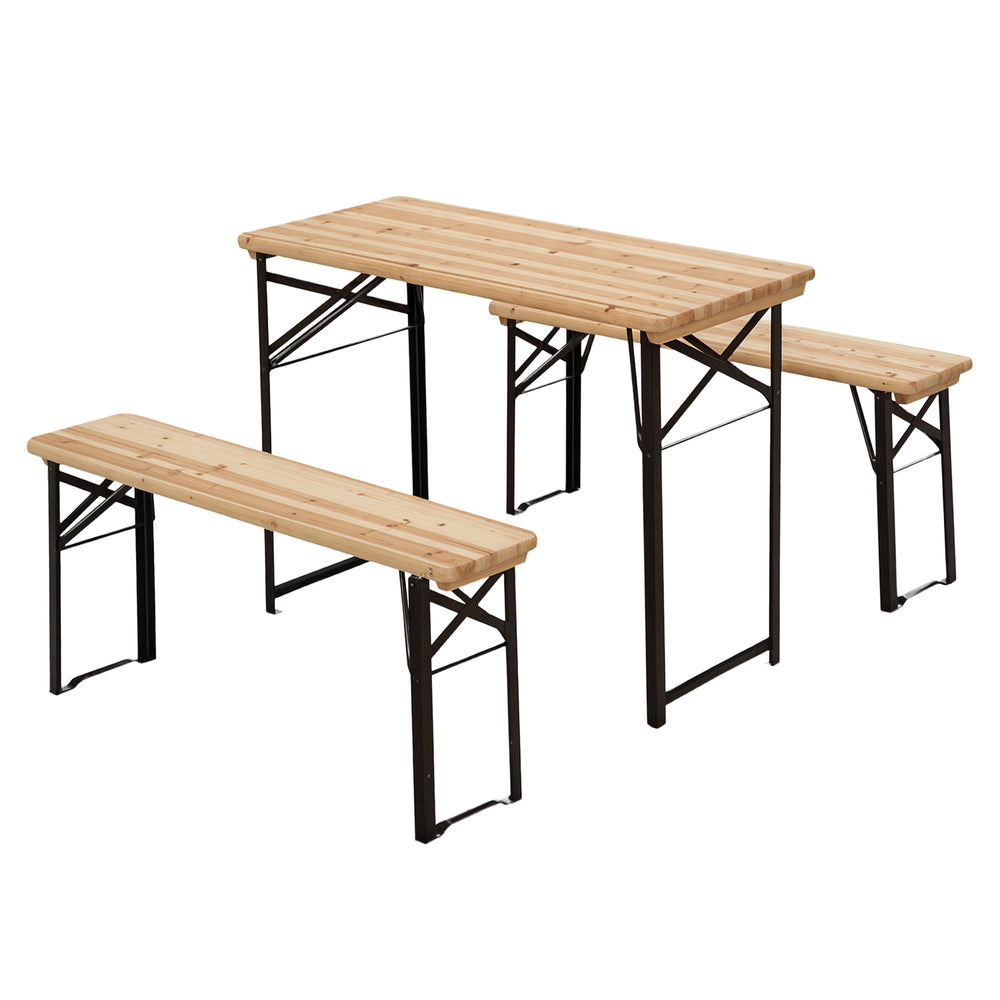 3 Pieces Folding Picnic Table Set, Portable Folding Picnic Table and Benches with Steel Frame for Garden, Park, Natural Wood