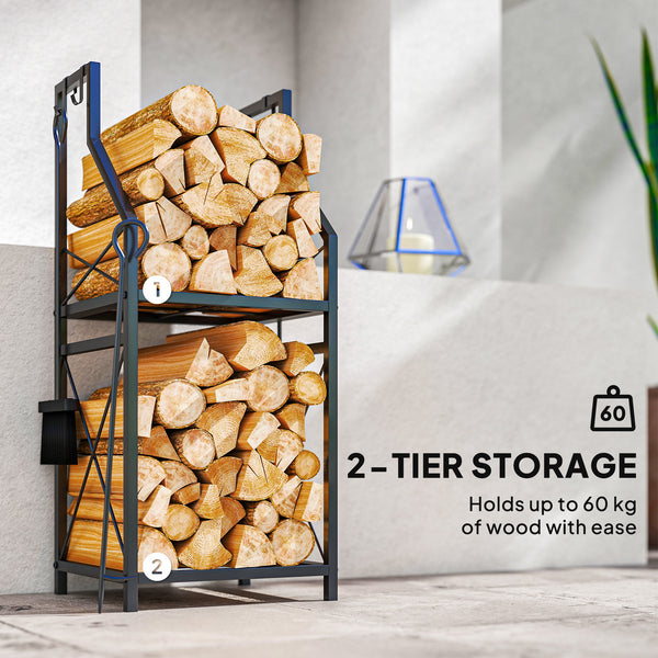2-tier firewood rack with 4 fireplace tools