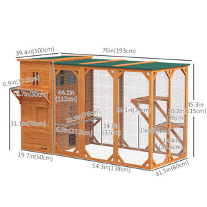 Wooden enclosure with asphalt roof, platforms and lockable doors, orange.