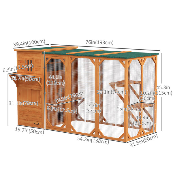 Wooden enclosure with asphalt roof, platforms and lockable doors, orange.