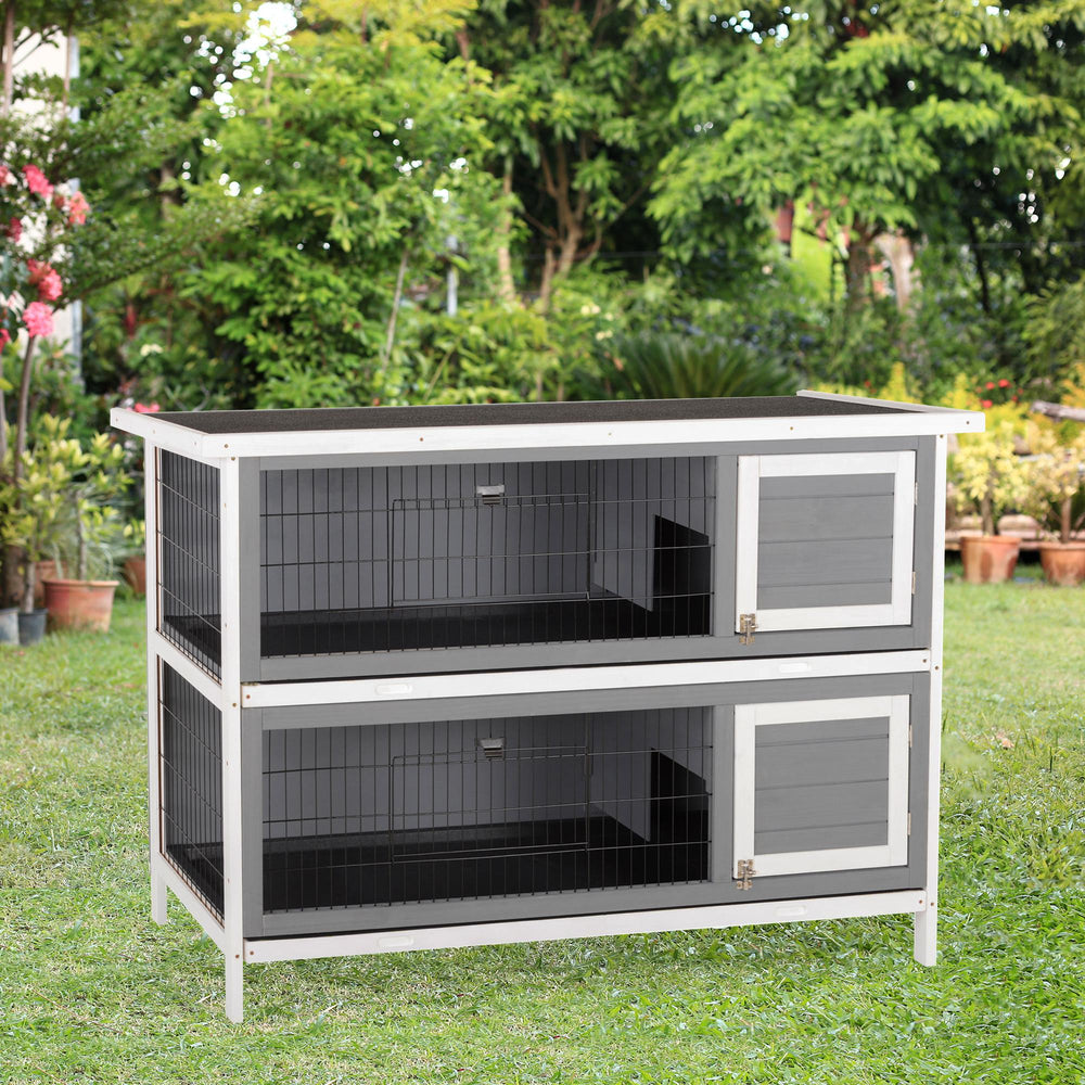 2-Tier Wooden Rabbit Hutch, Grey