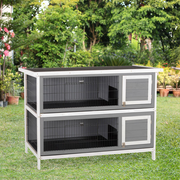 2-Tier Wooden Rabbit Hutch, Grey