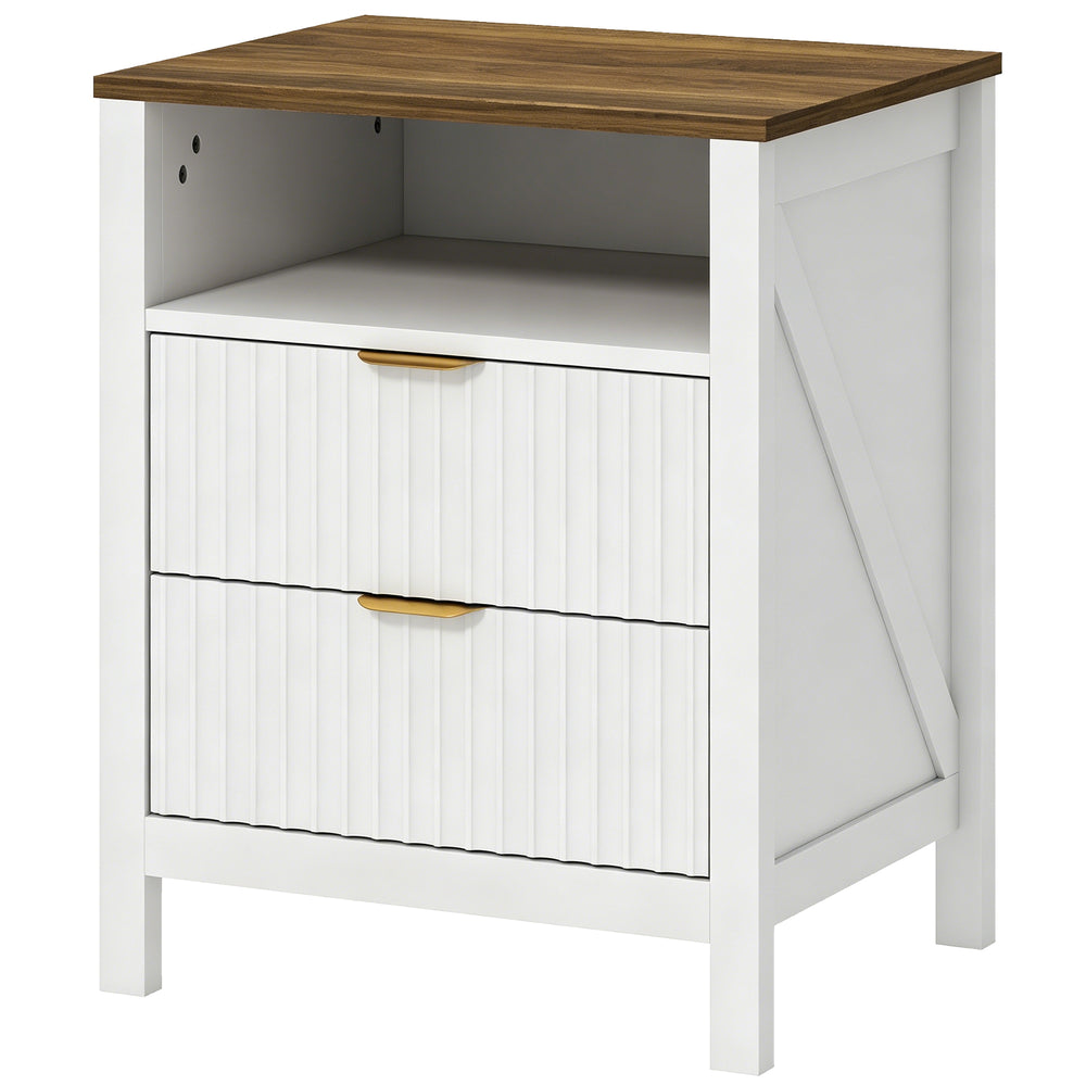 Bedside table with 2 drawers, open shelf and walnut-effect top, white