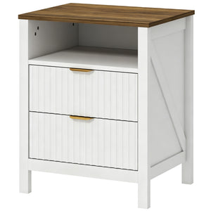 Bedside table with 2 drawers, open shelf and walnut-effect top, white