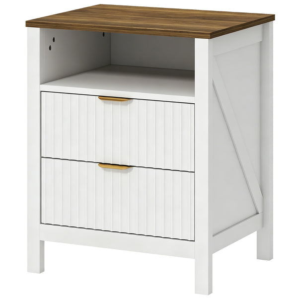 Bedside table with 2 drawers, open shelf and walnut-effect top, white