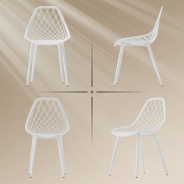 Set of 4 modern plastic dining chairs with hollow back and metal legs, white