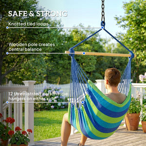 Hammock Chair Swing Hanging Macrame Chair w/ Two Soft Seat Cushions, Blue and Green
