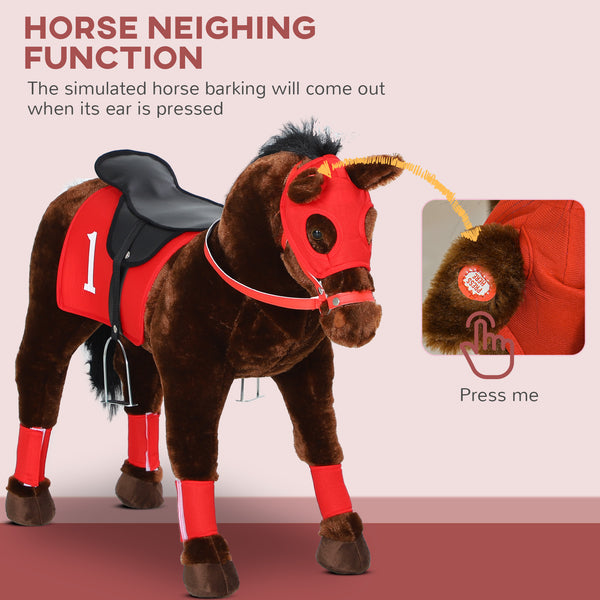 Horse to ride with neighing, saddle and stirrups, brown