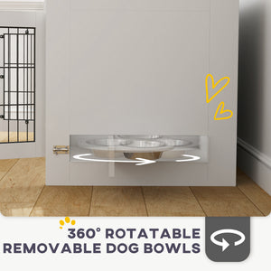 Dog crate furniture with removable bowls and two doors, white