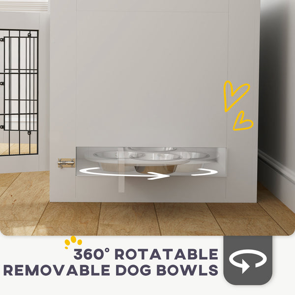 Dog crate furniture with removable bowls and two doors, white
