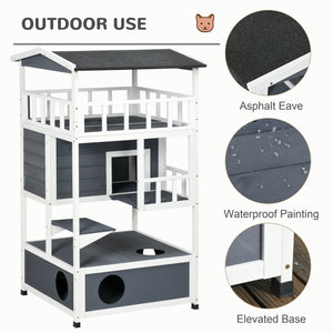 Four-story wooden cat house with cat cave and perch, grey