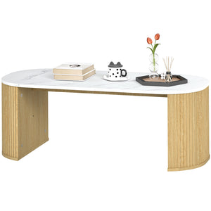 Modern marble effect coffee table with rounded corners and thick legs, natural wood