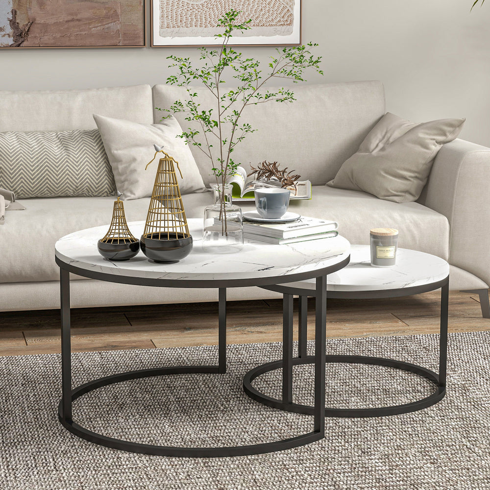 Set of 2 modern coffee tables with metal base, white marble effect