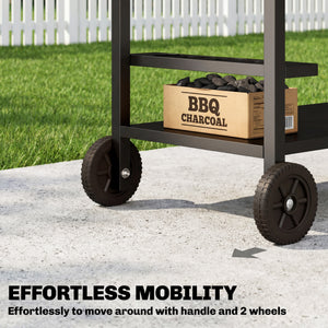 2-Tier Outdoor BBQ Cart, Grill Stand with Drink Holder, Hooks, and Wheels, Black and Brown