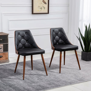 Set of 2 upholstered dining chairs, faux leather upholstered seats and steel legs, black