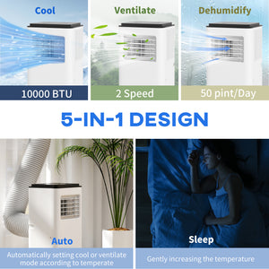 10,000 BTU Mobile Air Conditioner 440 Sq. Ft., Dehumidifier Fan Auto Sleep with 24H Timer On/Off, Window Kit, White