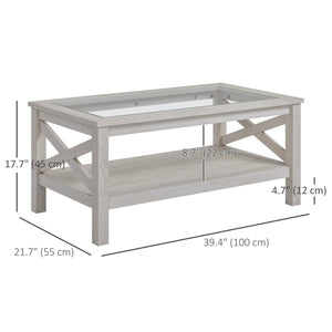 Farmhouse Style Coffee Table with Tempered Glass Top, White Oak