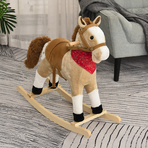 Cowboy Style Plush Rocking Horse with Realistic and Fun Sounds, Beige