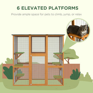 Wooden cat cage with 6 balanced platforms and asphalt roof, orange