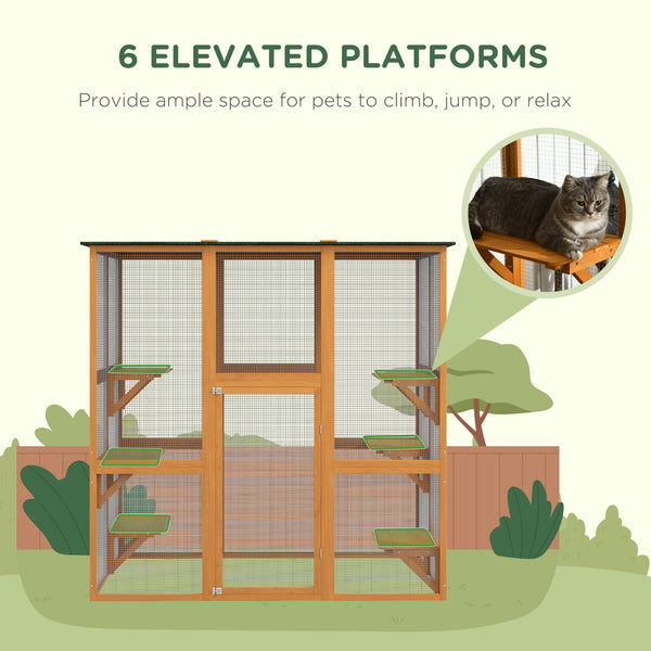 Wooden cat cage with 6 balanced platforms and asphalt roof, orange