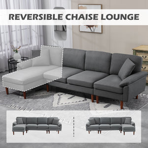 Modern L-shaped sectional sofa with removable chaise, cushions and wooden legs, dark gray