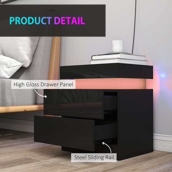 Set of 2 bedside tables with LED lighting and 2 drawers, black.