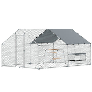 Metal chicken coop with waterproof tarp, nest box and perches
