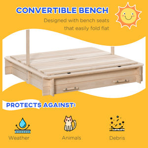 Wooden sandbox with adjustable canopy and convertible bench