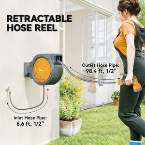 Retractable wall-mounted garden hose reel, orange.