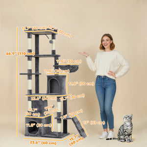 Cat tree with 7 scratching posts, tunnel, 2 hideaways, hammock, perch, ramp, pom-poms, dark grey