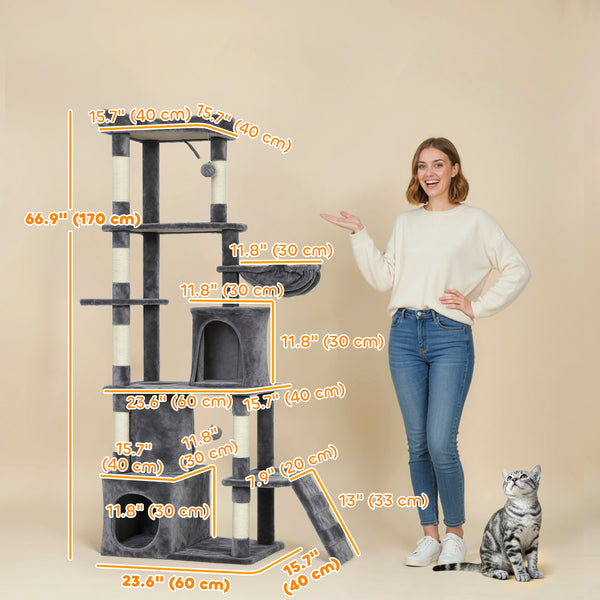Cat tree with 7 scratching posts, tunnel, 2 hideaways, hammock, perch, ramp, pom-poms, dark grey