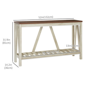 Narrow country-style console table with storage shelf, oak color