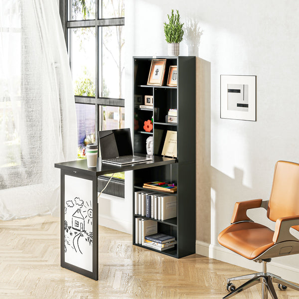 Foldable convertible desk with whiteboard and side shelf, black