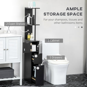 Narrow bathroom storage cabinet with drawers and open shelves for small spaces, black