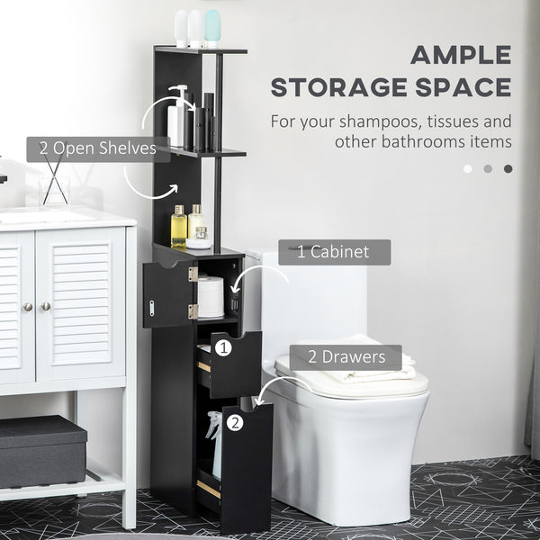 Narrow bathroom storage cabinet with drawers and open shelves for small spaces, black