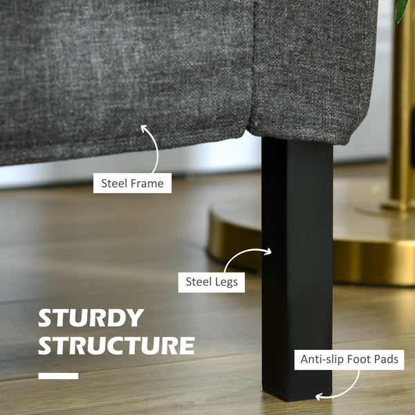 Upholstered 2 seater sofa with sturdy steel legs, dark grey