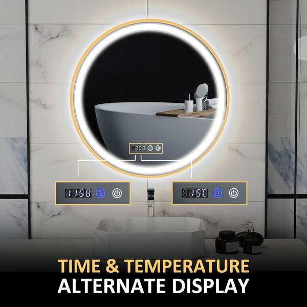 Round bathroom mirror with LED lighting with anti-fog coating, gold rim