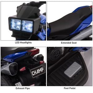 6V electric motorcycle with musical horn and headlights, blue