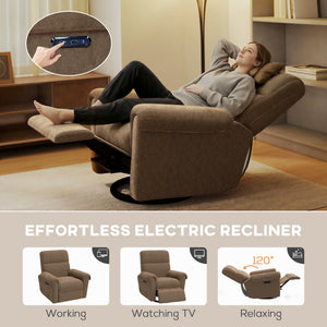 Electric reclining chair, upholstered in fabric, with USB ports, swivel and rocking function, and footrest.
