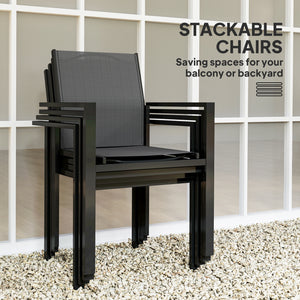 5-Piece Patio Dining Set with 4 Stackable Chairs, Tempered Glass Top and Rust-Proof Metal Frame