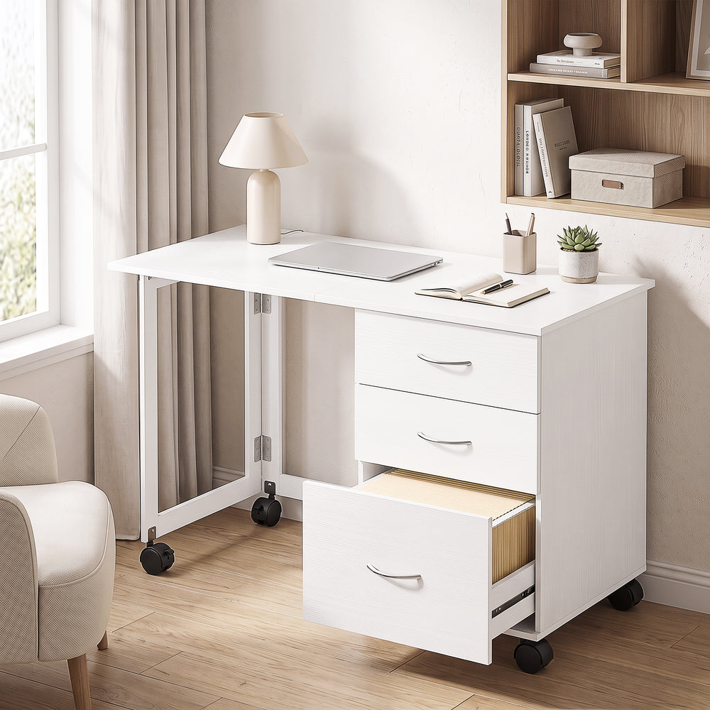 Folding desk with 3 drawers and castors, white