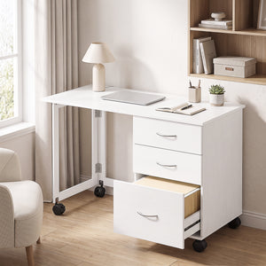 Folding desk with 3 drawers and castors, white
