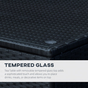 Wicker Coffee Table with Glass Top, Patio Furniture for Patio, Pool, Garden, Lawn, Black