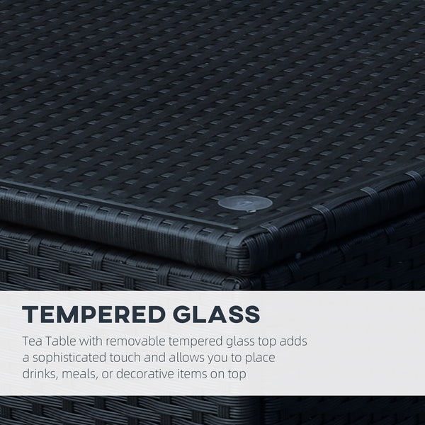 Wicker Coffee Table with Glass Top, Patio Furniture for Patio, Pool, Garden, Lawn, Black