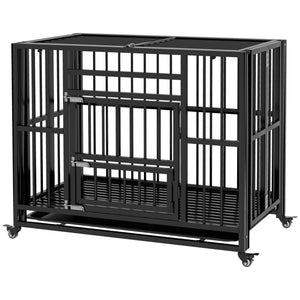 37" Heavy Duty Dog Crate, Foldable Dog Cage on Wheels with Double Locks, Removable Tray, Openable Top, Double Doors, Indoor Outdoor Use, for Small and Medium Dogs - Black