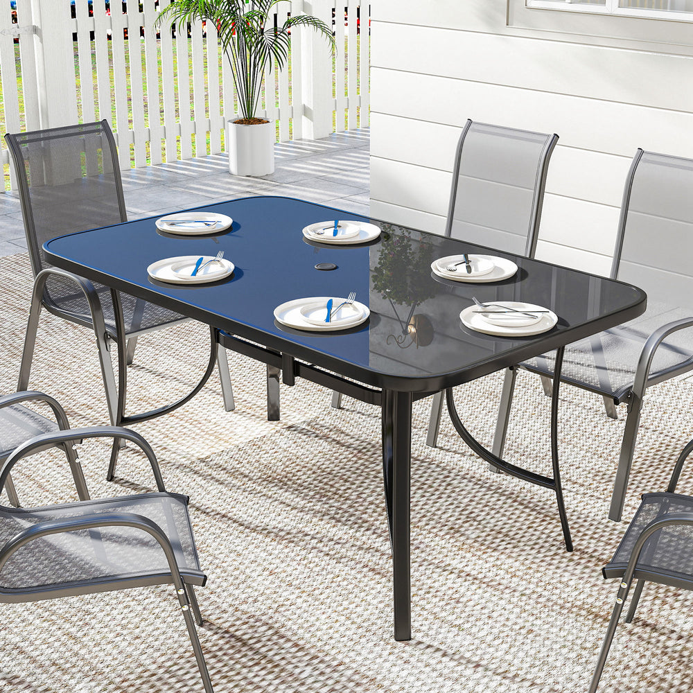 Garden table for 6 people with parasol hole, made of metal with tempered glass top